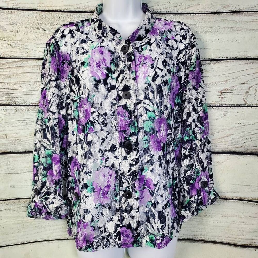 Christopher & Banks XL Purple Floral Lace Button Front Blouse Sheer Lightweight